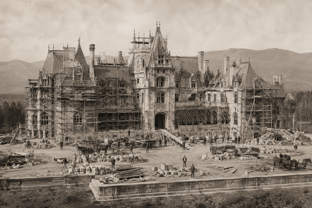 Biltmore Estate under construction in the 1890s, with scaffolding, workers, horses, and building materials surrounding the unfinished mansion.