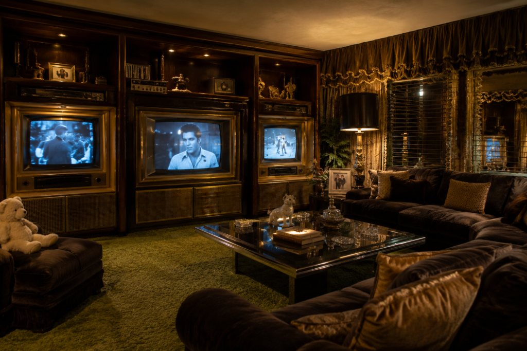 Three vintage television sets displayed side by side in Graceland's TV room, reflecting one of Elvis Presley's most unusual home entertainment features