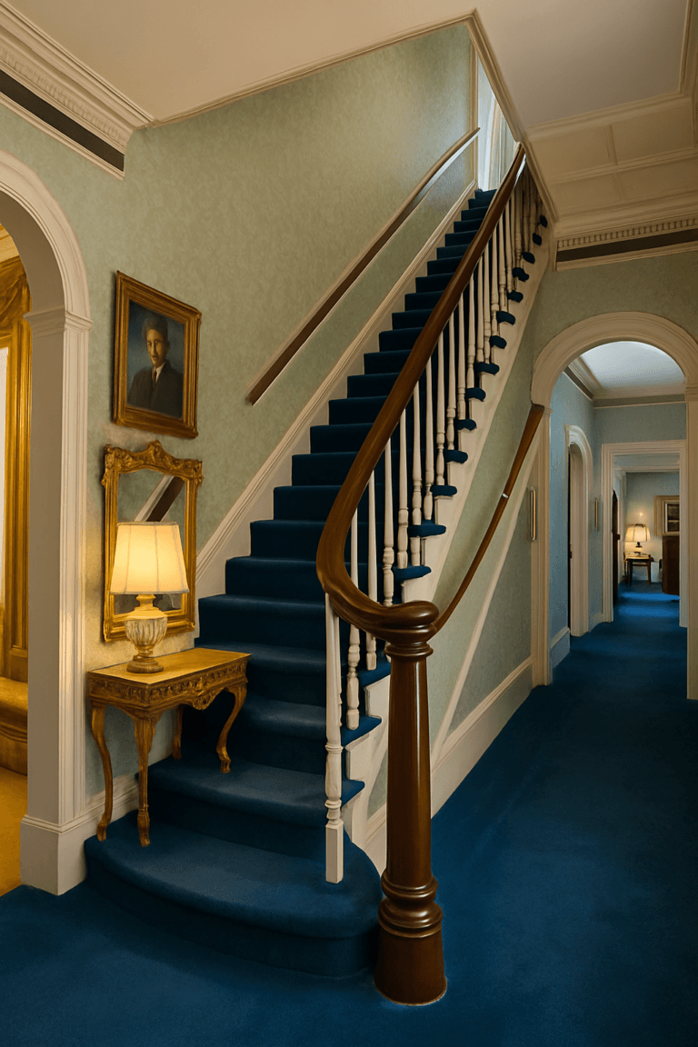 A grand staircase inside Graceland, leading to the private upstairs area closed to the public, evoking mystery and intrigue.