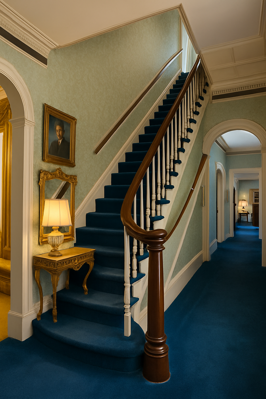 A grand staircase inside Graceland, leading to the private upstairs area closed to the public, evoking mystery and intrigue.
