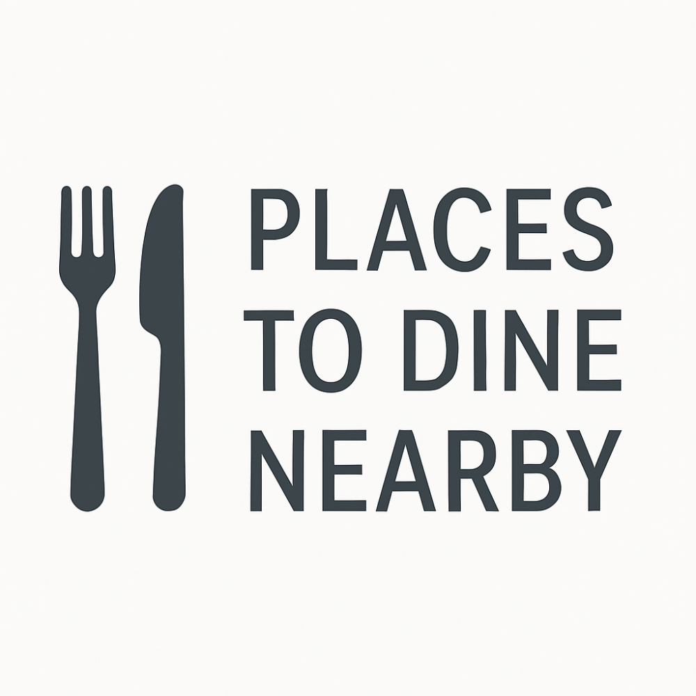 Minimalist digital sign displaying “Places to Dine Nearby” with a gray fork and knife icon on a white background, designed for consistent travel article use.