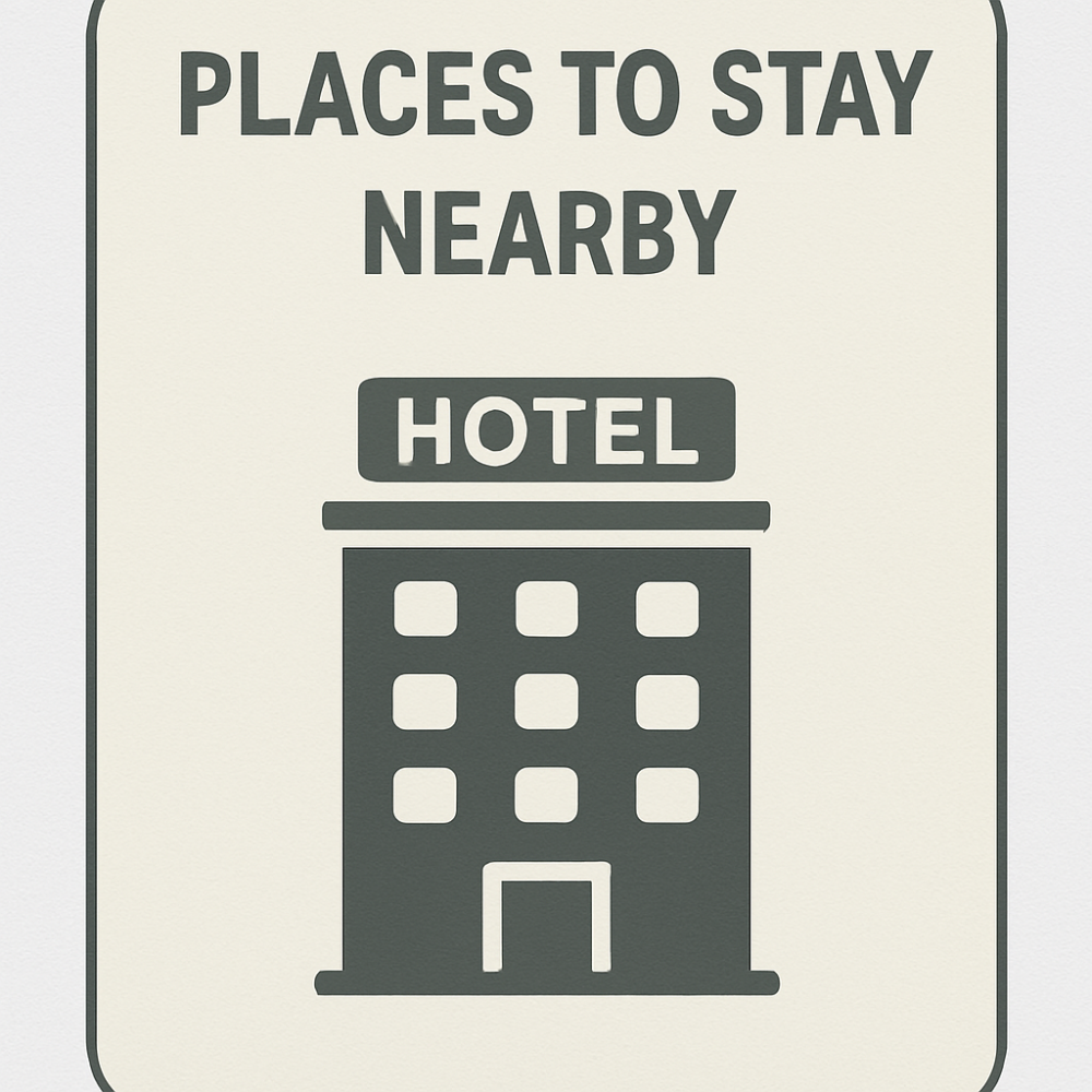 Minimalist digital sign reading “Places to Stay Nearby” with a hotel icon, designed for consistent use across travel articles.