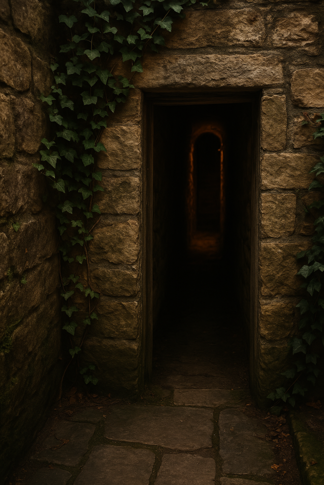 Narrow, dimly lit tunnel or hidden stone doorway, representing the escape routes used during casino raids at Top O’ Hill Terrace.