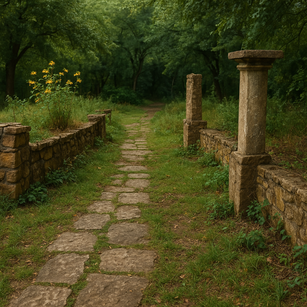 Overgrown stone path and garden ruins at Top O’ Hill Terrace, recalling the site’s origins as a tranquil tea garden.