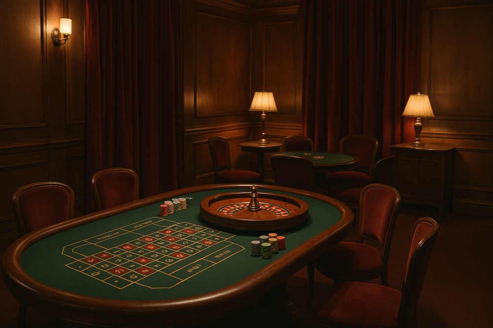 Vintage-style casino room with roulette table and velvet chairs, representing the hidden gambling area of Top O’ Hill Terrace.