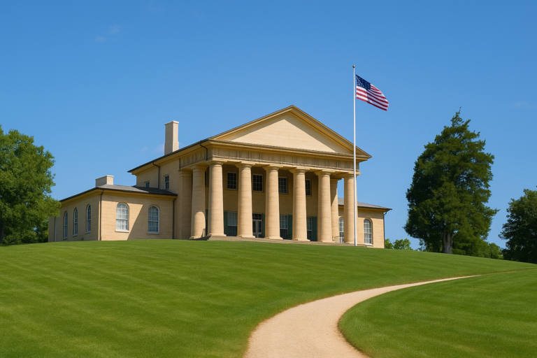 Front view of Arlington House with Doric columns, an American flag, and a curved gravel path rising through a green lawn under a blue sky