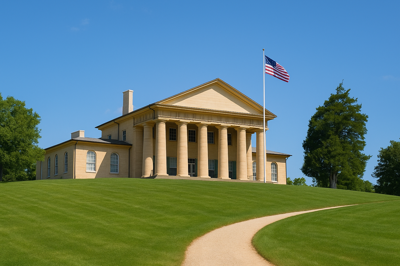 Front view of Arlington House with Doric columns, an American flag, and a curved gravel path rising through a green lawn under a blue sky