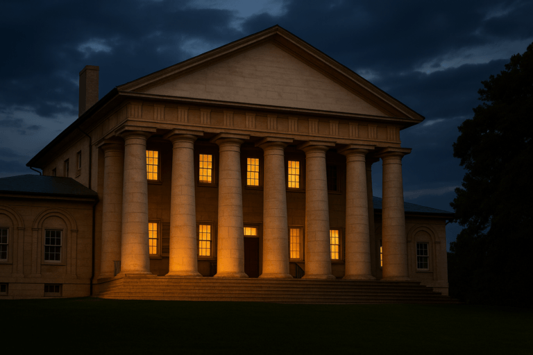 A dramatic, high-resolution image of Arlington House at dusk, its white columns glowing against a darkening sky, suggesting mystery and history.