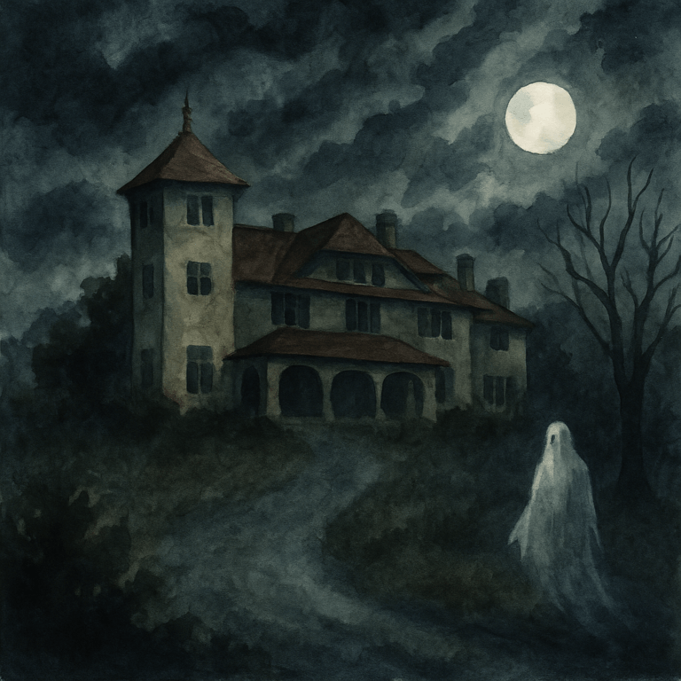 A traditional watercolor-style painting captures a looming historic mansion under a stormy sky, partially obscured by mist and shadowy trees, evoking an eerie and mysterious mood.
