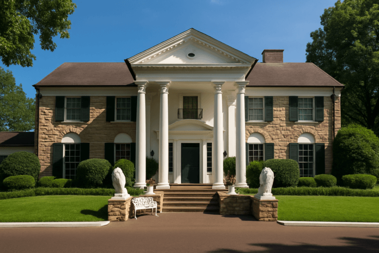 Front of Graceland mansion on a clear day, with white columns, stone exterior, and neatly landscaped greenery.