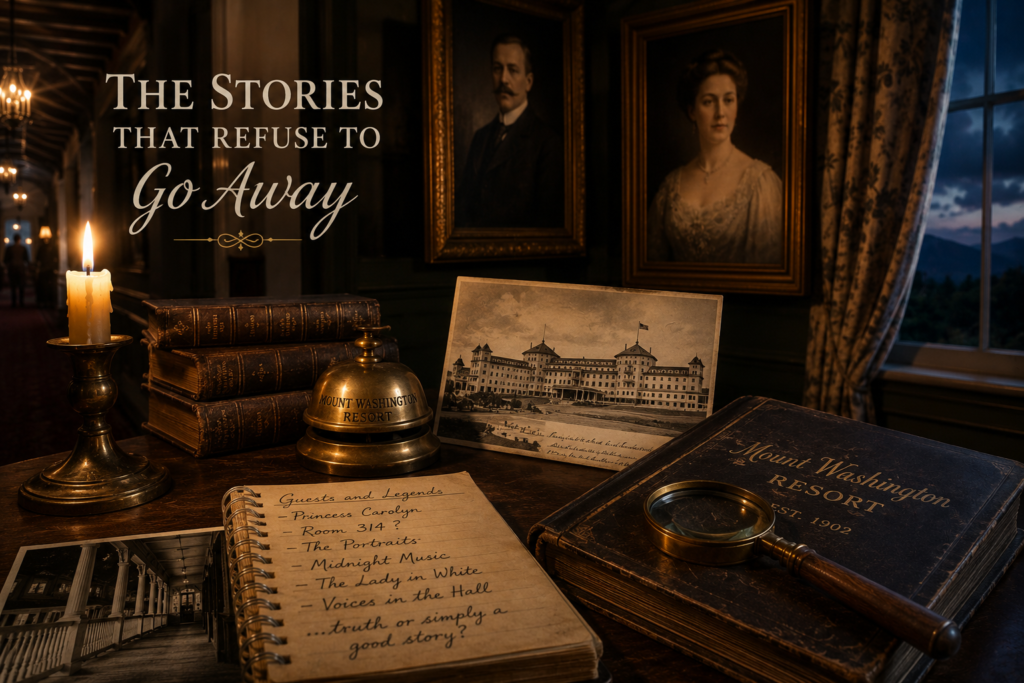 Historic Mount Washington Resort legends display featuring antique portraits, old photographs, guest records, and a candlelit desk symbolizing the hotel's enduring stories and mysteries.