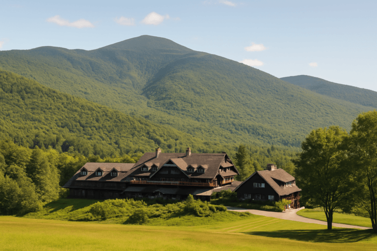 A distant view of the Trapp Family Lodge nestled among Vermont’s Green Mountains, with forested slopes and a clear sky creating a peaceful alpine setting.