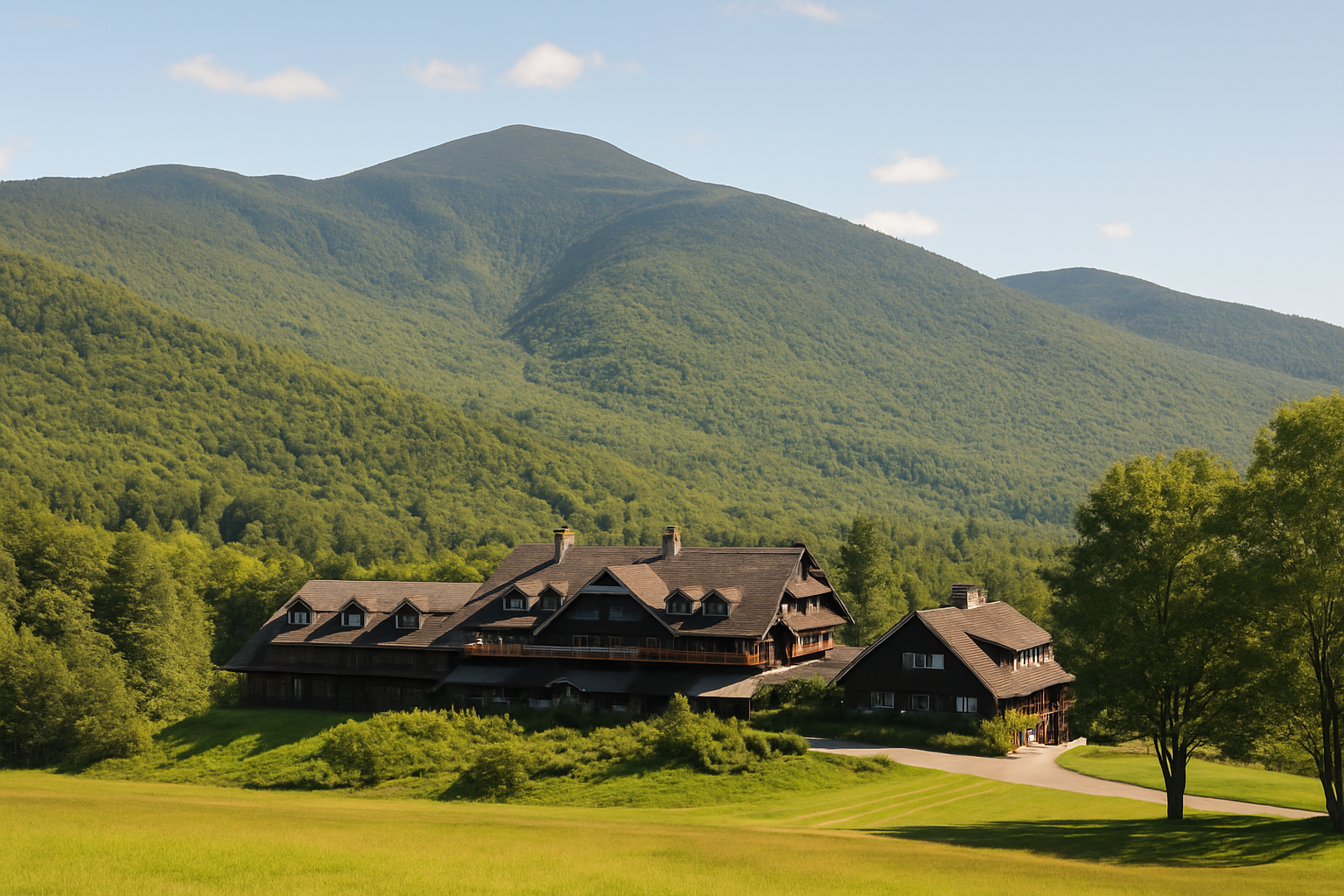A distant view of the Trapp Family Lodge nestled among Vermont’s Green Mountains, with forested slopes and a clear sky creating a peaceful alpine setting.