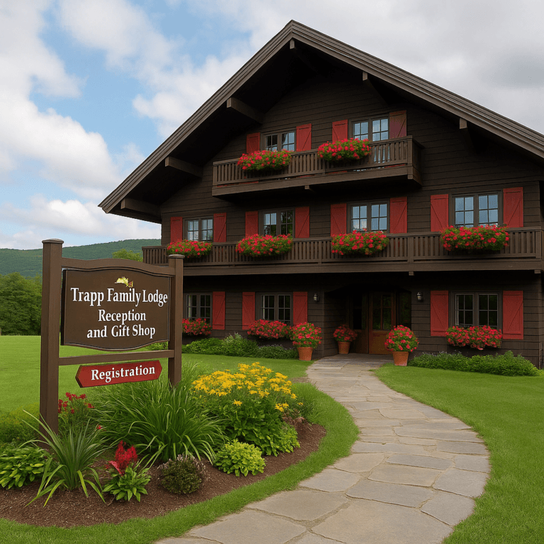 A two-story alpine-style building marked as the Trapp Family Lodge, with flower-lined balconies, a reception sign, and a curved stone path leading to the entrance, all set against green Vermont hills.