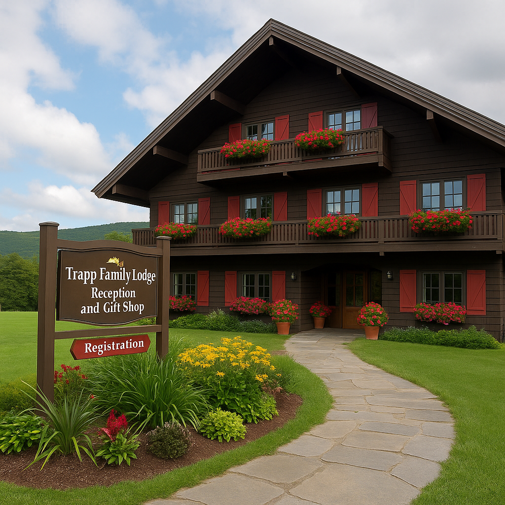 A two-story alpine-style building marked as the Trapp Family Lodge, with flower-lined balconies, a reception sign, and a curved stone path leading to the entrance, all set against green Vermont hills.