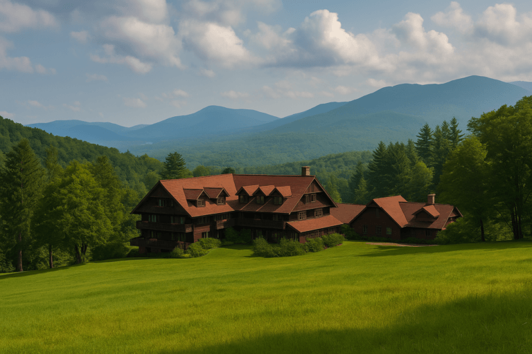 The Trapp Family Lodge sits nestled in a green hillside meadow, with its deep red roofs and dark alpine wood surrounded by forest and framed by the soft blue ridges of Vermont’s Green Mountains.