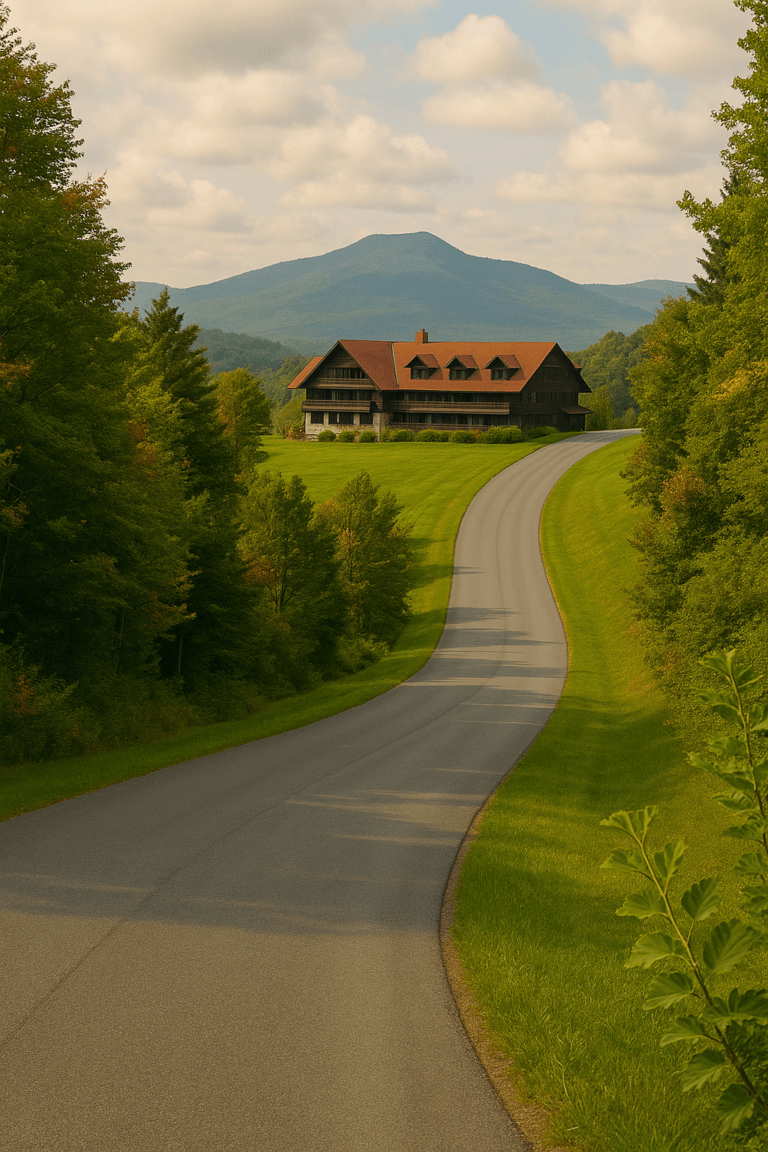 A winding mountain road curves gently through dense forest, leading toward the hidden hilltop setting of Castle in the Clouds.