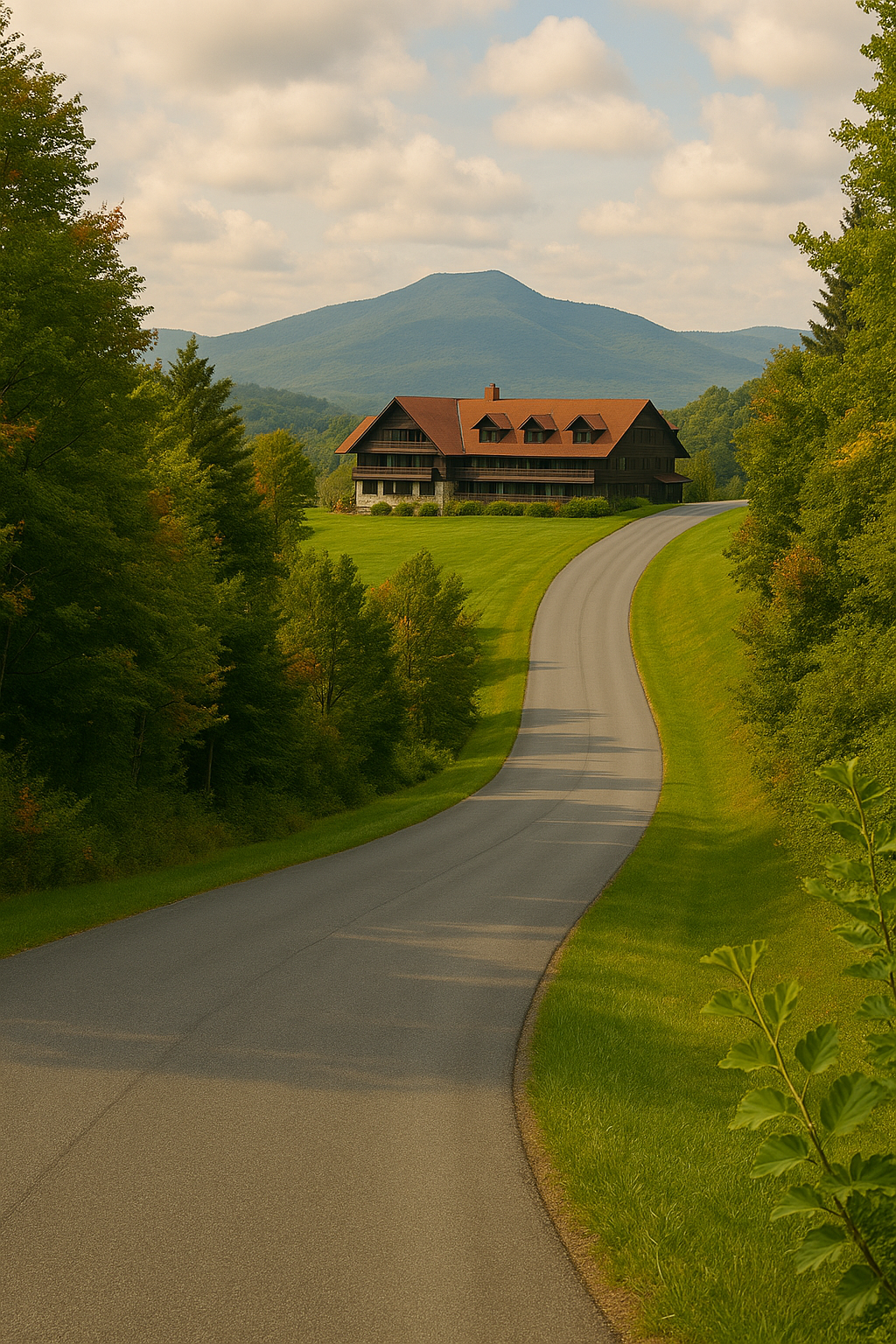 A winding mountain road curves gently through dense forest, leading toward the hidden hilltop setting of Castle in the Clouds.