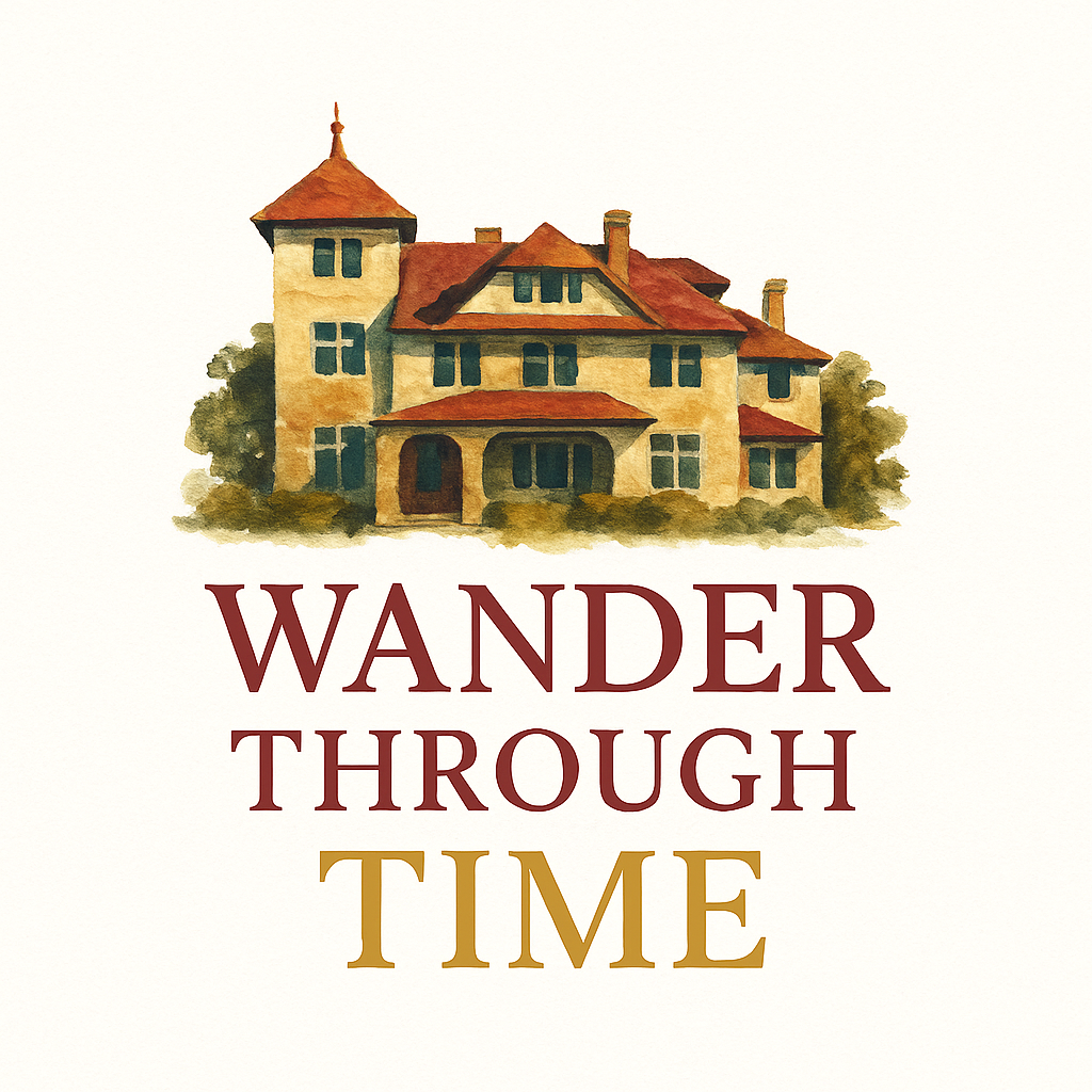 A detailed logo for Wander Through Time featuring a watercolor-style illustration of a historic mansion with a turret and red roof. The brand name appears below in maroon and gold serif text.