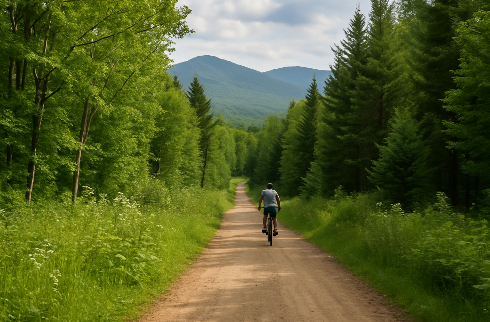 A cyclist rides along a winding dirt trail through dense green forest with the Green Mountains rising in the background under a cloudy sky.