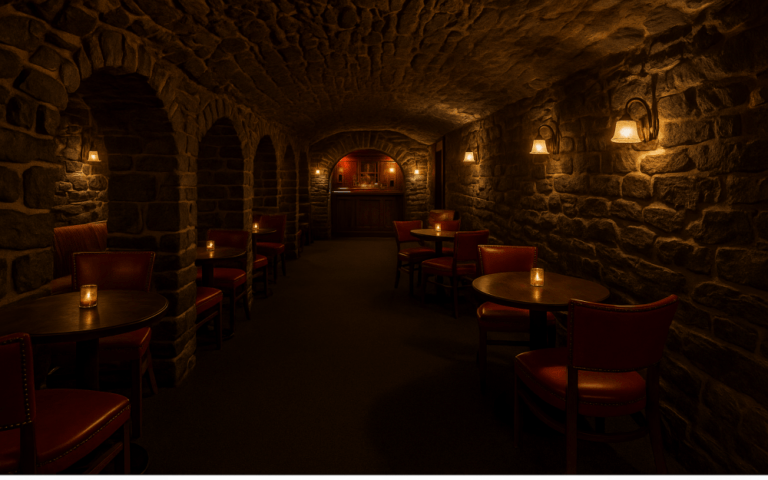 A dimly lit stone-walled bar known as The Cave, hidden beneath the Mount Washington Inn, with rustic wooden beams, soft lighting, and vintage seating.