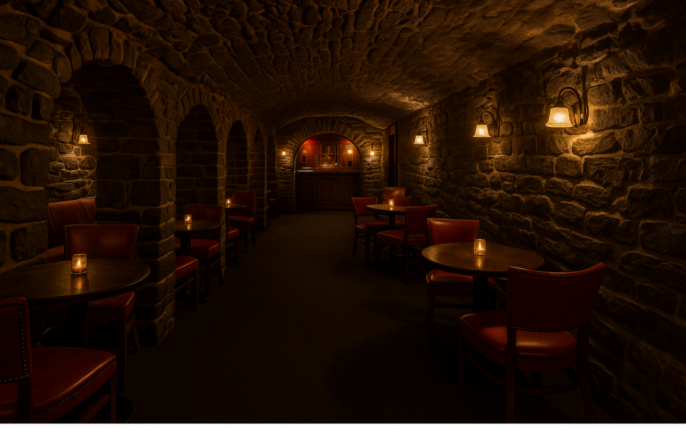 A dimly lit stone-walled bar known as The Cave, hidden beneath the Mount Washington Inn, with rustic wooden beams, soft lighting, and vintage seating.