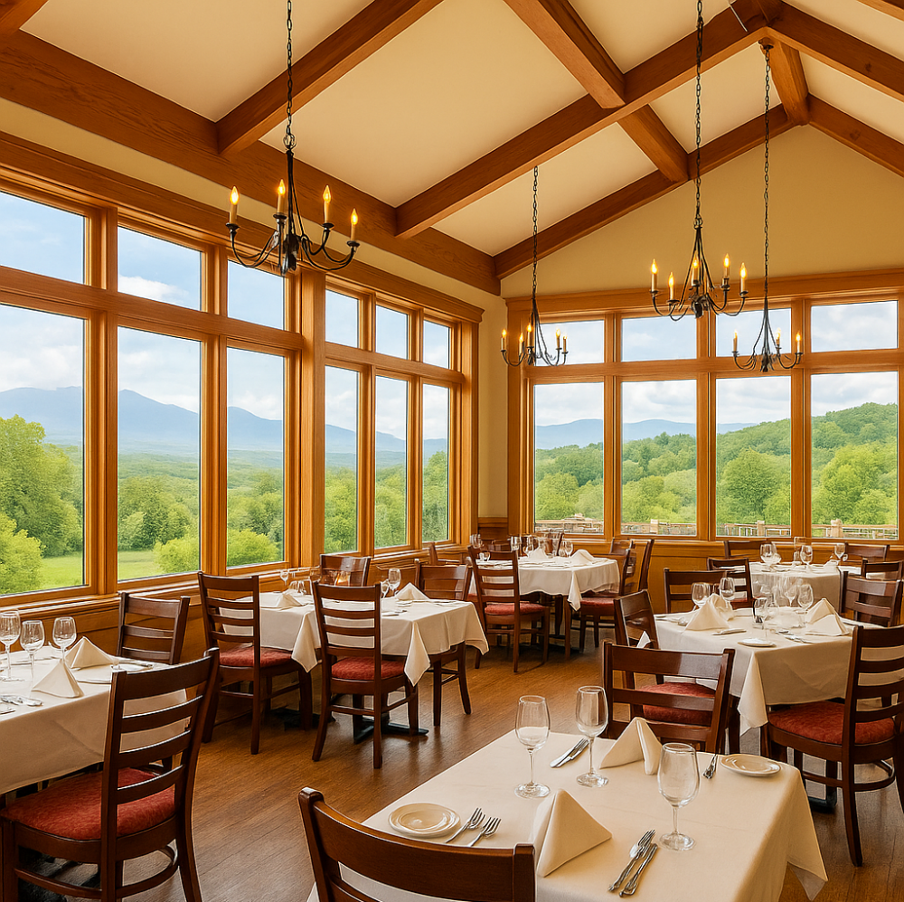 A high-resolution photo of a cozy, rustic dining room at Trapp Family Lodge, featuring warm wood interiors, elegant table settings, and large windows overlooking the Vermont landscape.