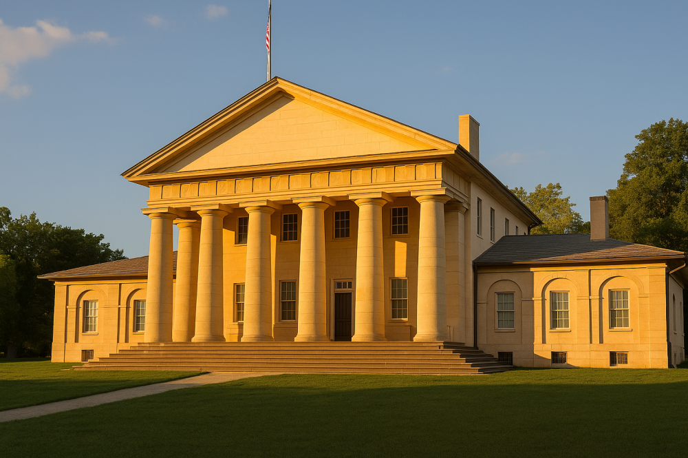 A high-resolution photograph of Arlington House’s neoclassical front facade, showing its grand white columns and symmetrical design under a clear blue sky.