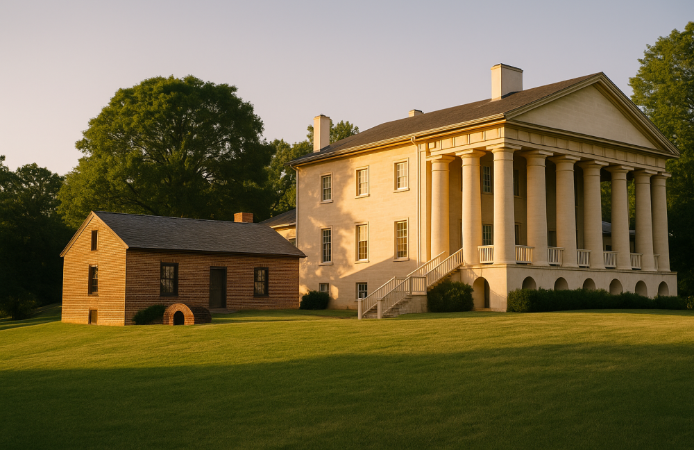 A high-resolution view from behind Arlington House showing the estate’s rear portico and restored enslaved quarters nearby, partially shaded by surrounding trees.