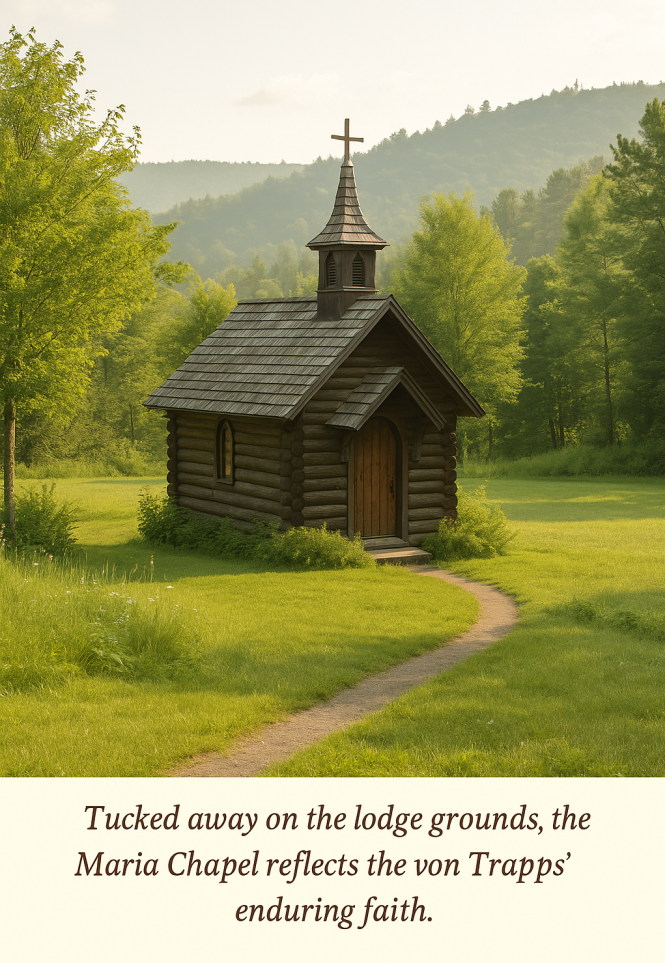A log chapel set in a forest clearing, built by the Trapp family in Vermont. A wooden sign above the entrance reads “Maria Chapel.”