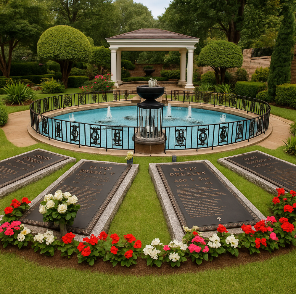 A peaceful view of the Meditation Garden at Graceland, showing Elvis Presley’s memorial surrounded by flowers, a circular fountain, and manicured greenery beneath a soft sky.