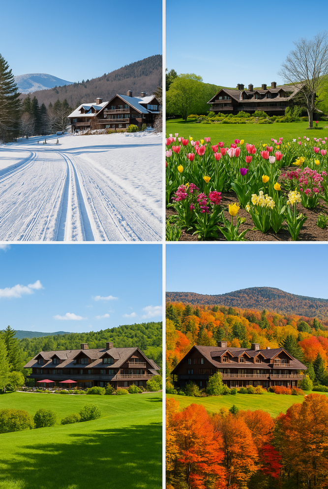 A seasonal collage of the Trapp Family Lodge, showcasing four scenes: snow-covered buildings in winter, green hills and blooming flowers in spring, vibrant fall foliage, and sunny meadows in summer.