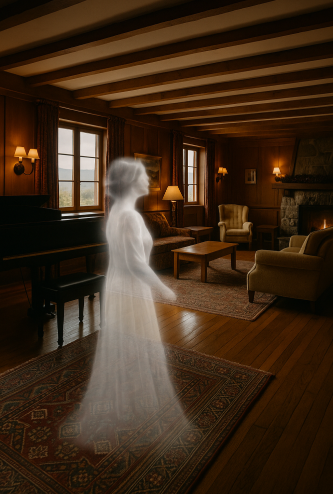 A warmly lit music room inside the Trapp Family Lodge, with a faint ghostly figure superimposed near the piano, evoking the atmosphere of lingering memories and quiet echoes of the past.