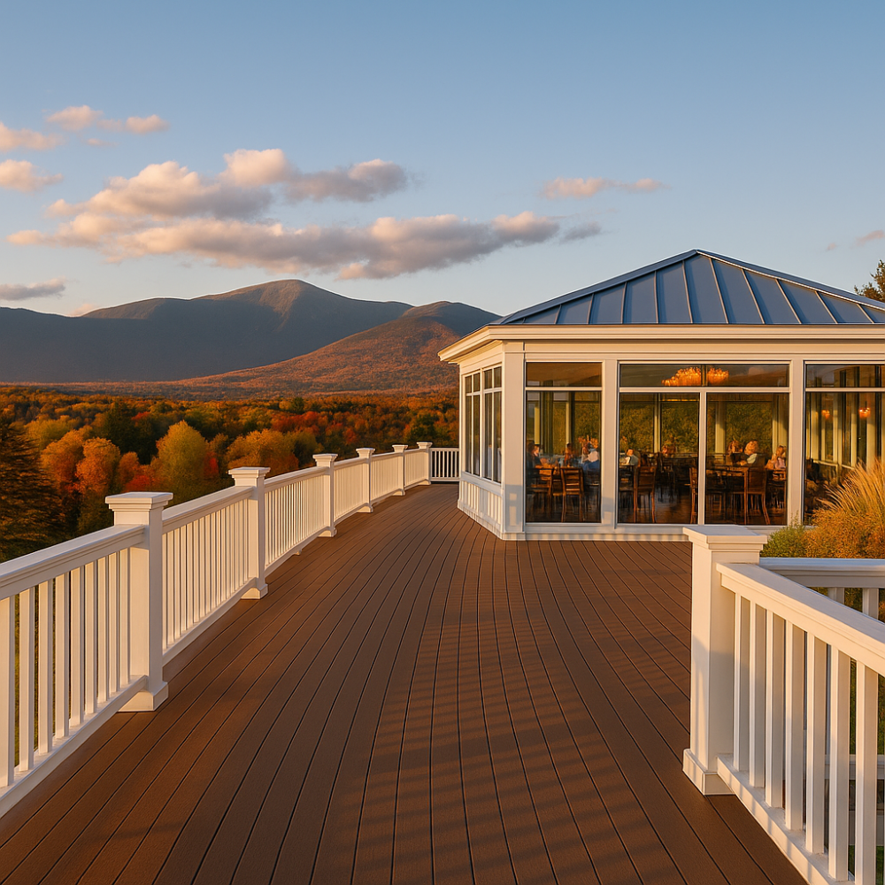 An elegant observation deck at Mount Washington Inn overlooking fall foliage and mountains, with the glass-walled Observatory Bar glowing in the late afternoon light.