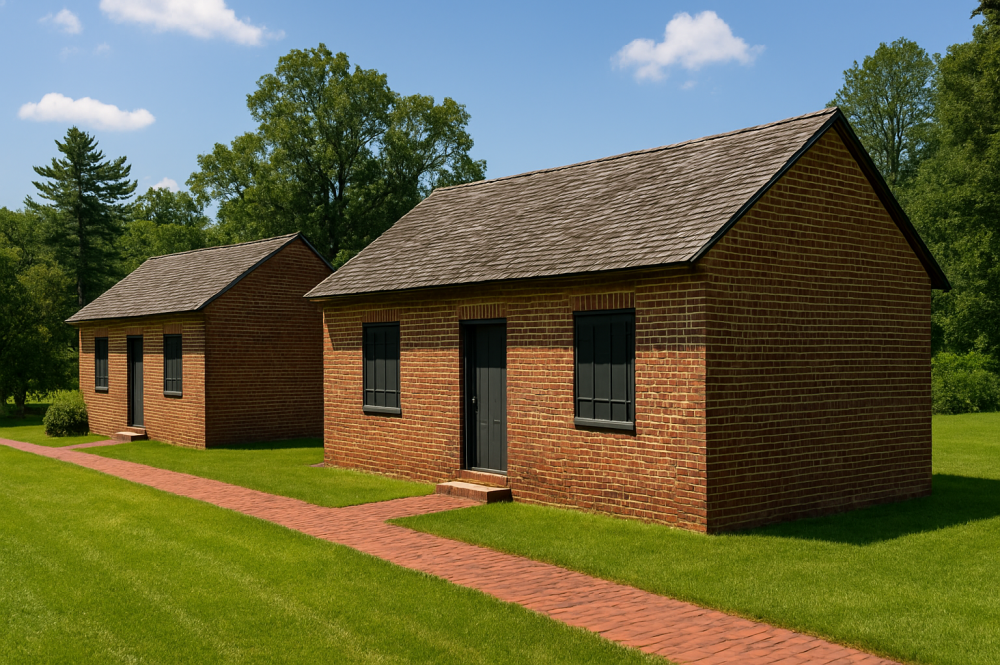 Exterior view of the restored brick slave quarters at Arlington House under a sunny sky