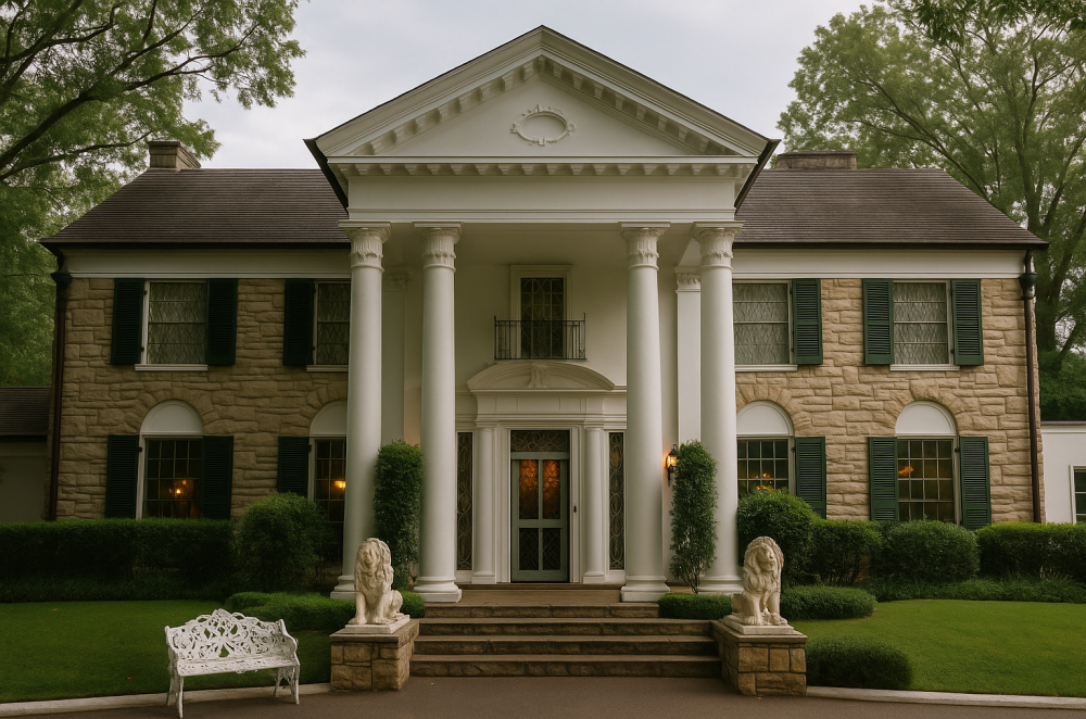 Front view of Graceland’s mansion featuring white columns, a stone exterior, and manicured shrubs lining the path.
