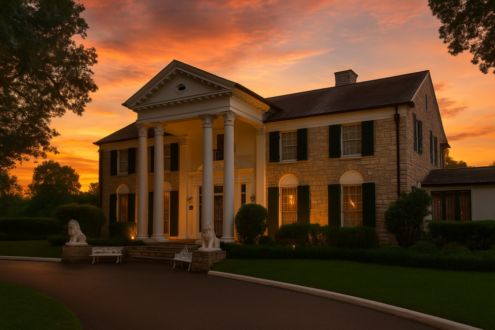 Graceland’s front exterior illuminated by warm lights at sunset, with white columns and stone walls glowing under a vivid orange and pink sky.