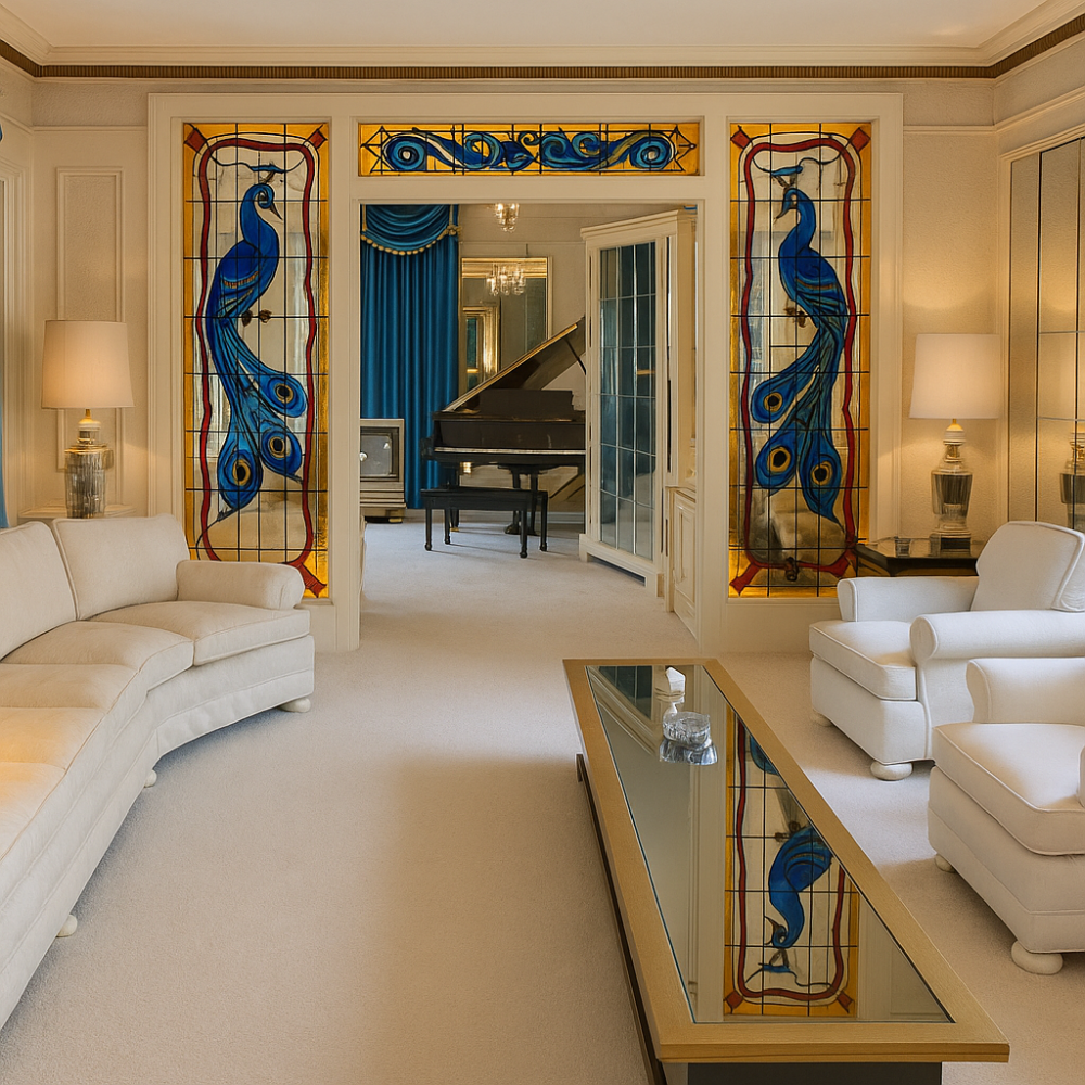 Graceland’s living room featuring white furniture, a peacock stained-glass divider, and a mirrored wall reflecting opulent mid-century style.