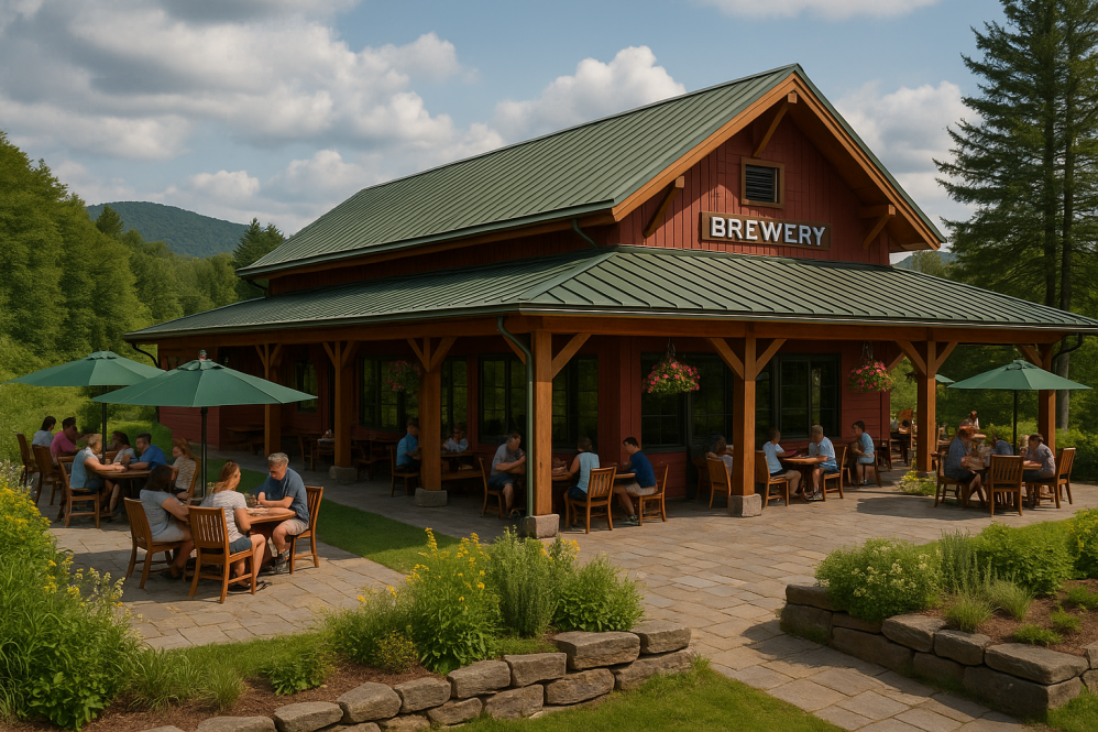 Guests dine under green umbrellas outside a red, alpine-style brewery with a green roof, surrounded by flowerbeds and forested hills in the background.