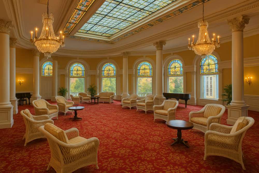Interior view of the Hemicycle at Mount Washington Inn with wicker chairs, a red carpet, stained glass windows, and ornate chandeliers under a glass ceiling.