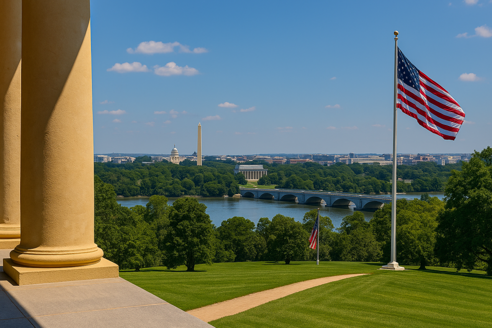 Panoramic view from Arlington House showing the National Mall, Lincoln Memorial, Washington Monument, and U.S. Capitol