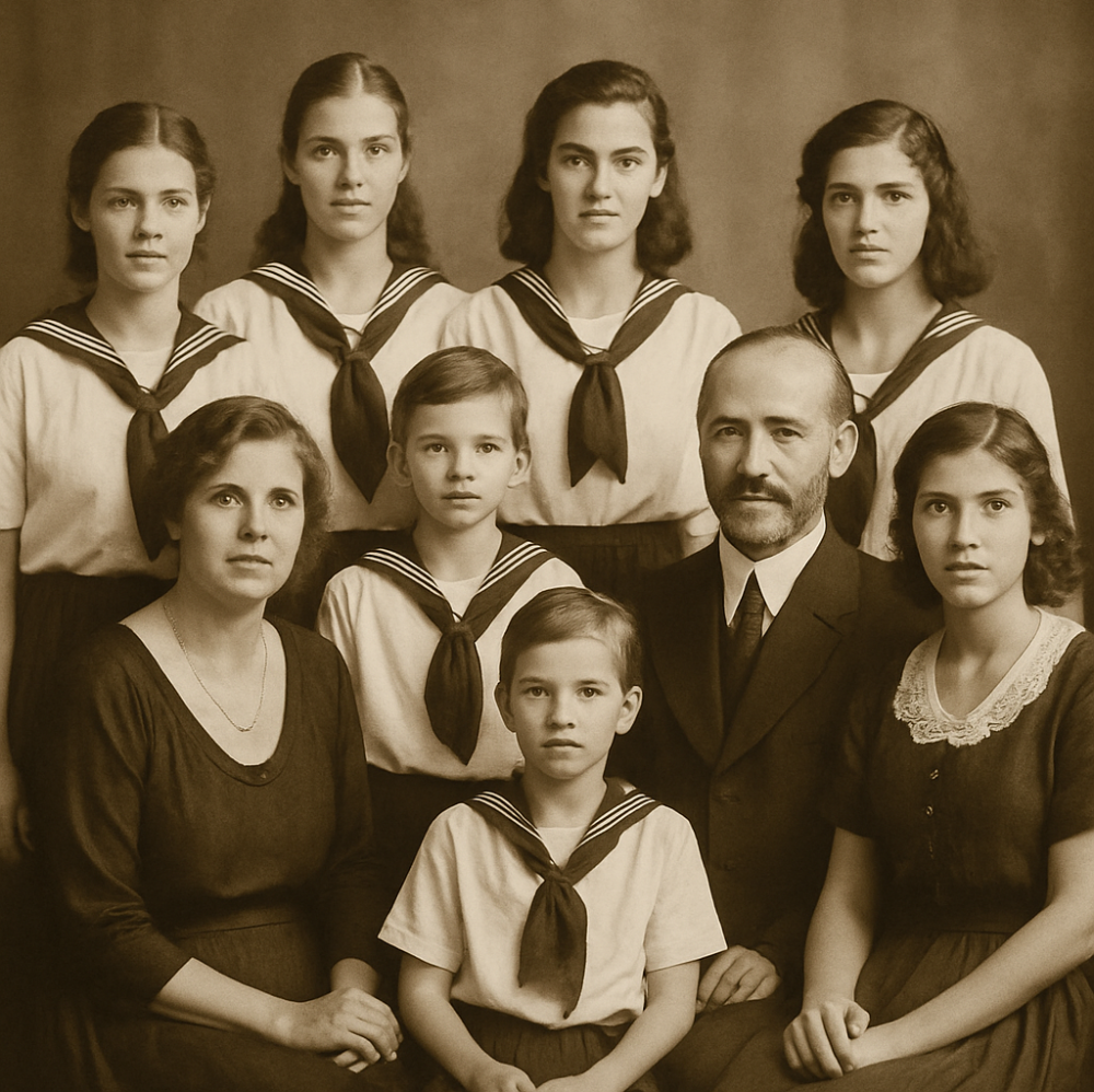 Sepia-toned vintage photograph of the von Trapp family, dressed in early 20th-century attire and posed outdoors, evoking a sense of history and musical heritage.