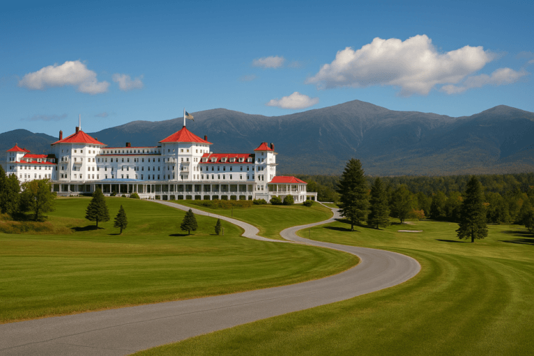 he Mount Washington Inn with red roofs and white façade sits grandly beneath the White Mountains, surrounded by green lawns and autumn foliage.