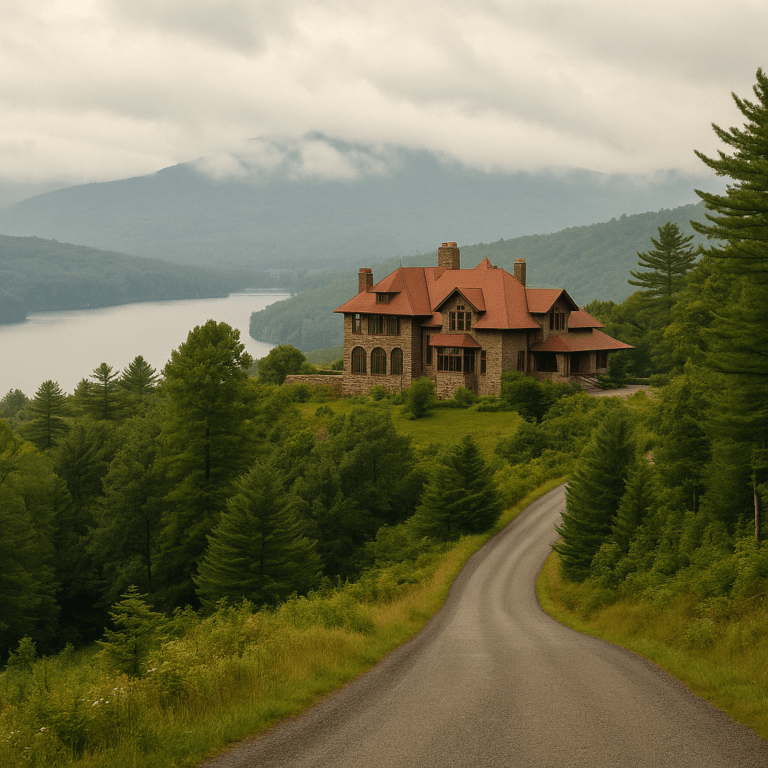 A winding mountain road leading up through trees toward Castle in the Clouds, surrounded by fall foliage and distant hilltops.