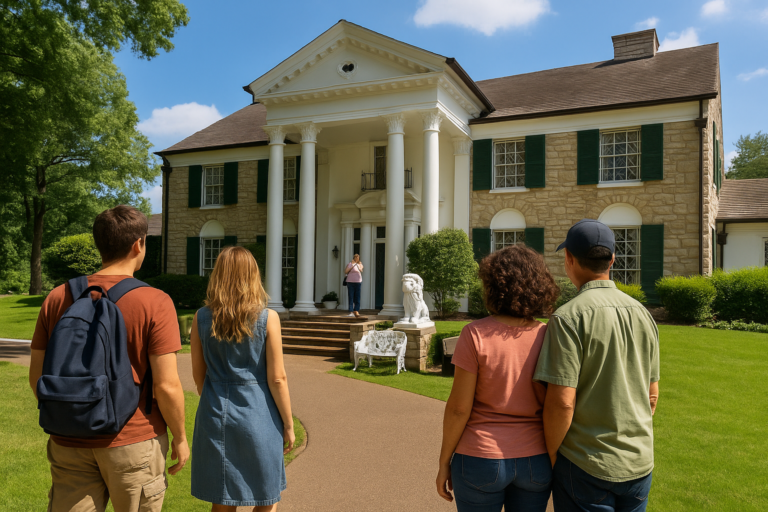 A group of tourists approaches the front of Graceland on a sunny day, pausing to admire the mansion and take photos in front of its iconic white columns and stone facad