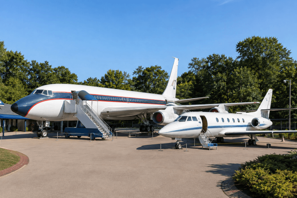 Elvis Presley’s Lisa Marie jet and the smaller Hound Dog II airplane displayed together at Graceland.