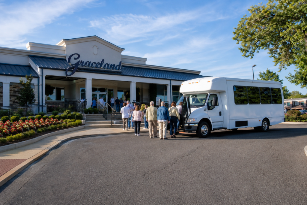 Visitors boarding a white shuttle bus outside the Graceland visitor complex in Memphis.