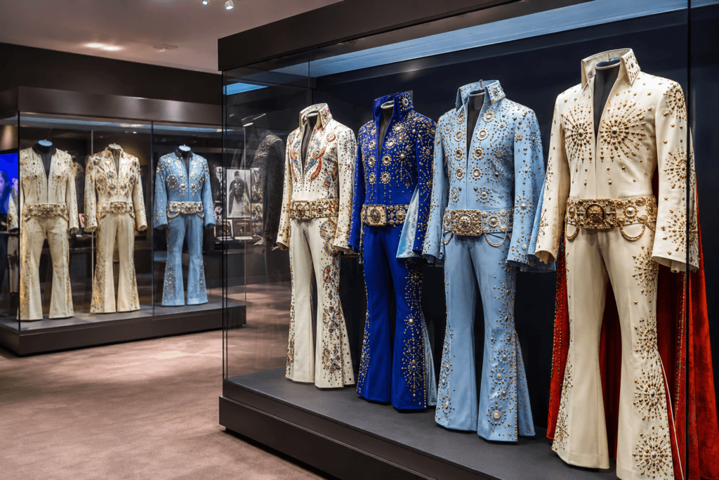 Elvis Presley’s colorful, elaborately decorated stage jumpsuits displayed behind glass at Elvis Presley’s Memphis.