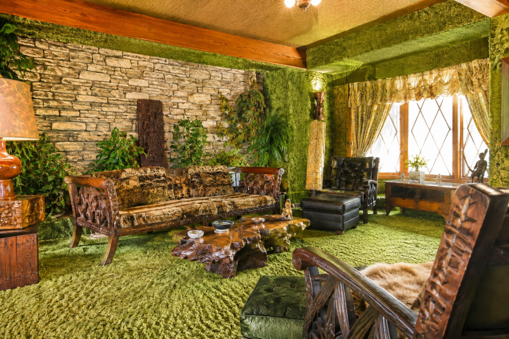 The Jungle Room at Graceland with green shag carpeting, carved wooden furniture, stone walls, and Polynesian-inspired décor.