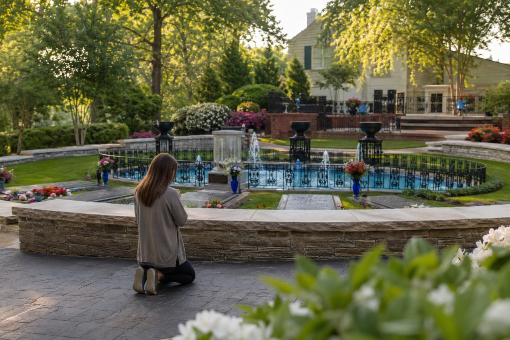 A young woman kneeling in quiet reflection overlooking the Meditation Garden and Presley family graves at Graceland.